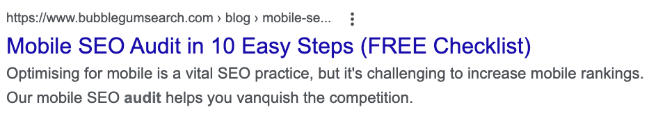 Screenshot of metadata for mobile seo audit SERP
